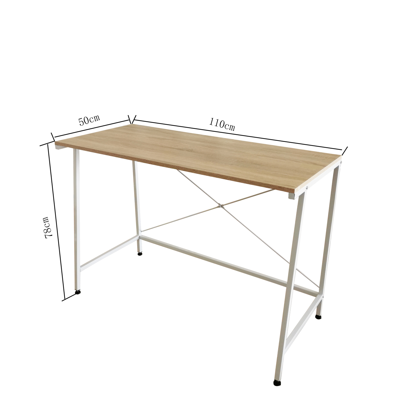 Een lichtgekleurde houten bureau op een wit frame. Afmetingen zijn aangegeven: 110 cm lang, 50 cm breed en 78 cm hoog.