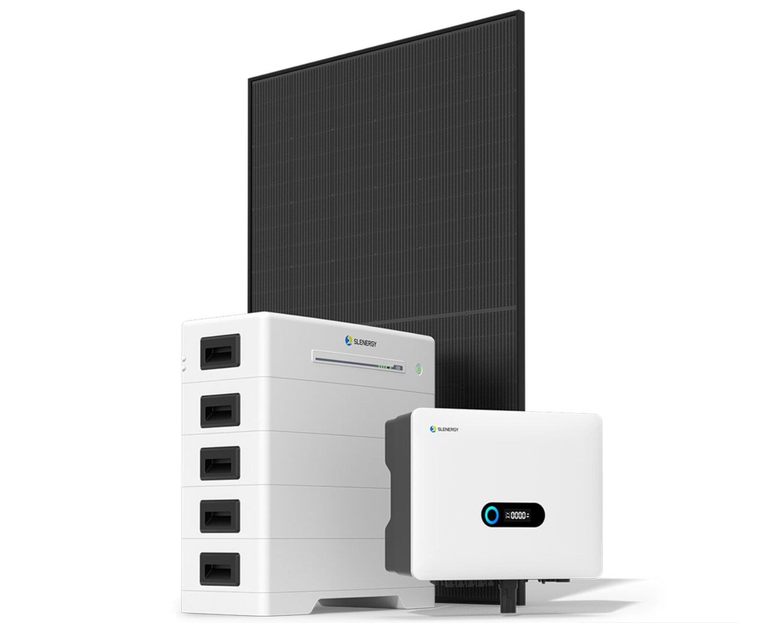 Solarmodul mit einem Batteriespeichersystem. Ein weißer Wechselrichter ist ebenfalls vorhanden.
