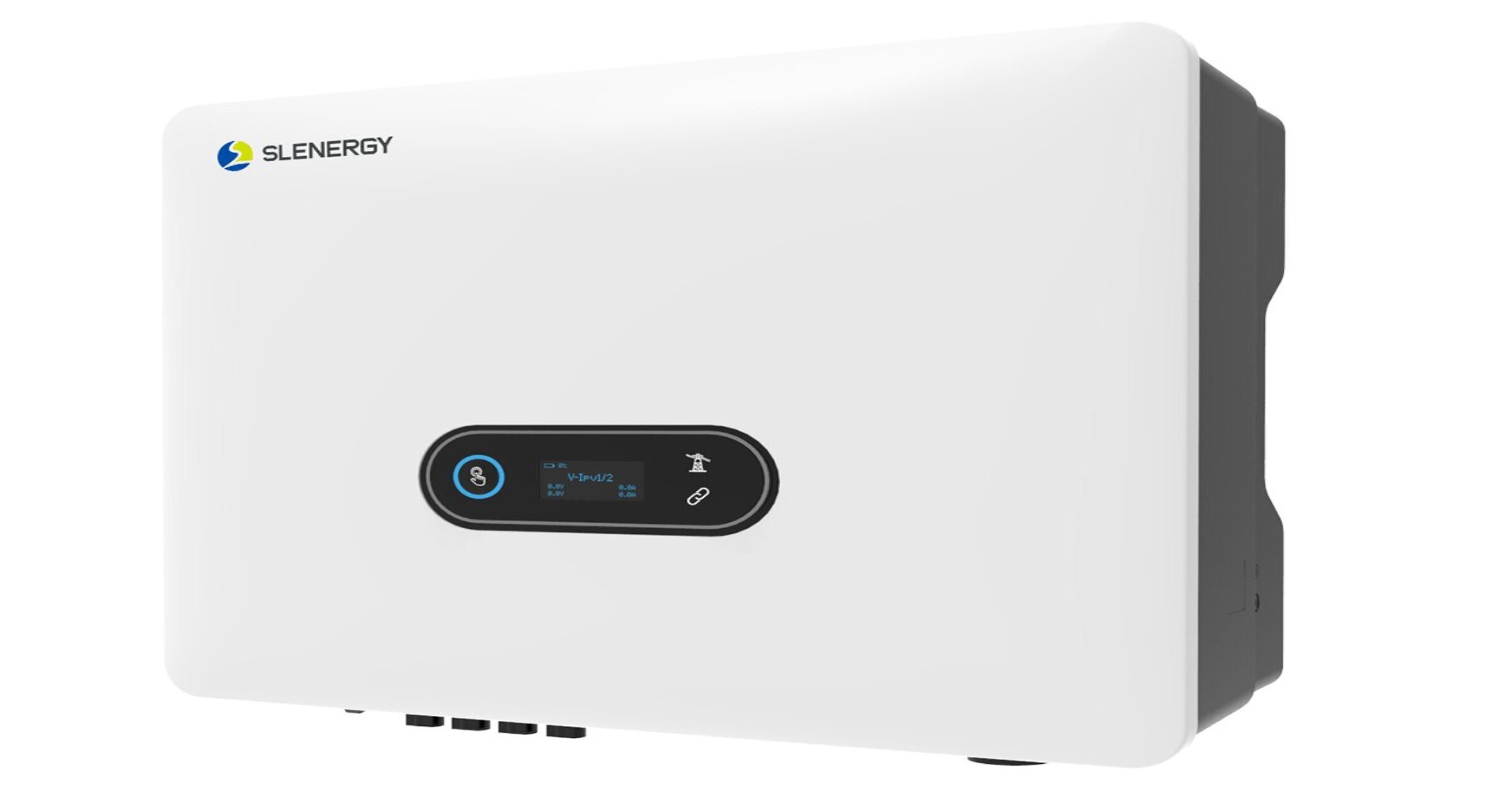 Weiße Wechselrichterbox mit Bildschirm und Logo. Dunkelgraue Seiten. Zeigt den Markennamen SLENERGY.