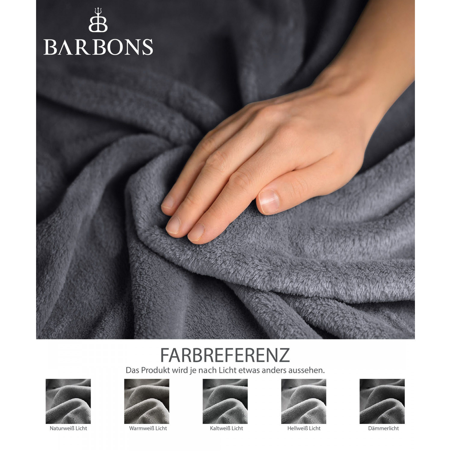 Hand auf einer dunkelgrauen, flauschigen Decke. Markenlogo oben links.