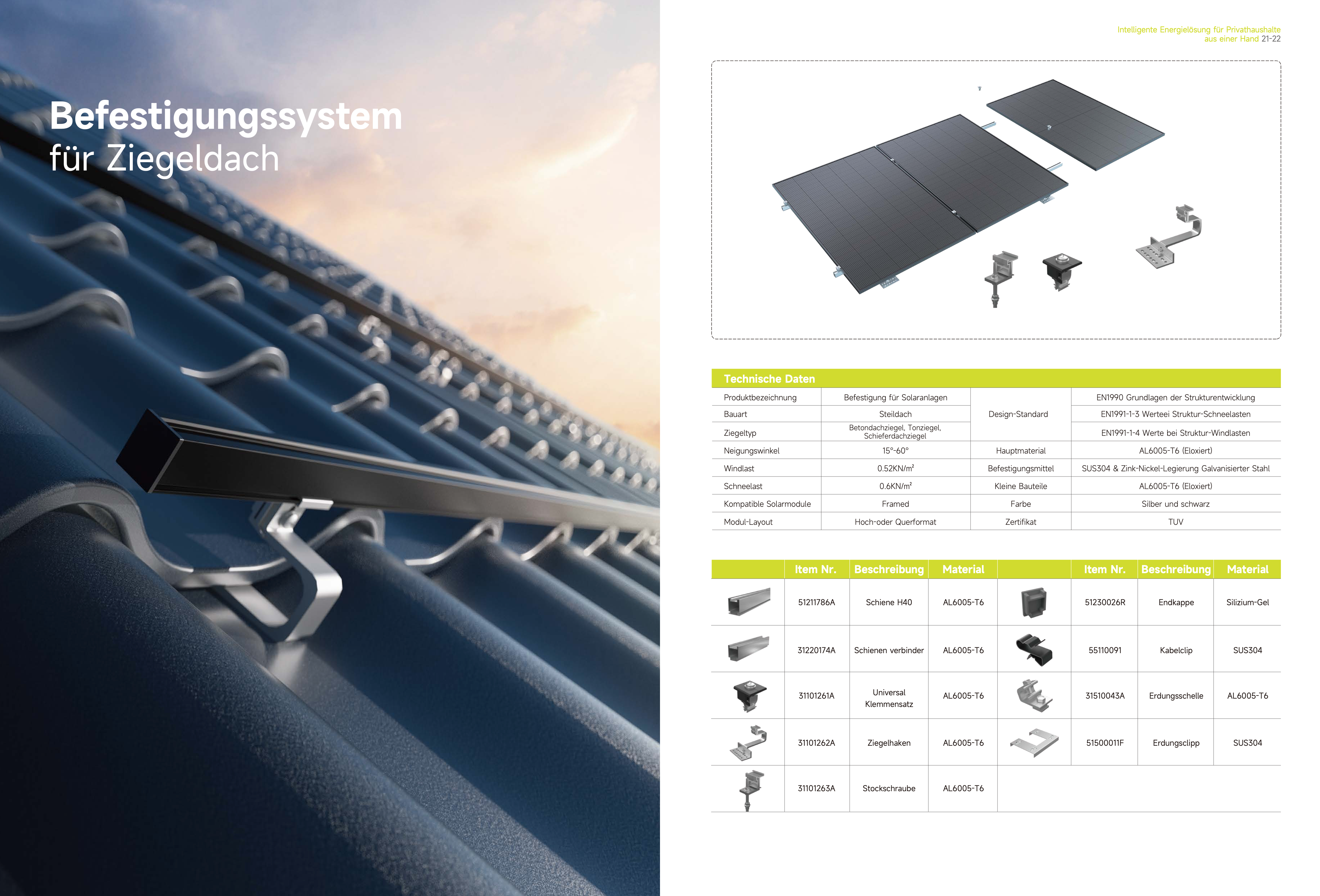 Montagesystem für Solarmodule auf einem Ziegeldach. Enthält Diagramme und technische Spezifikationen auf Deutsch.