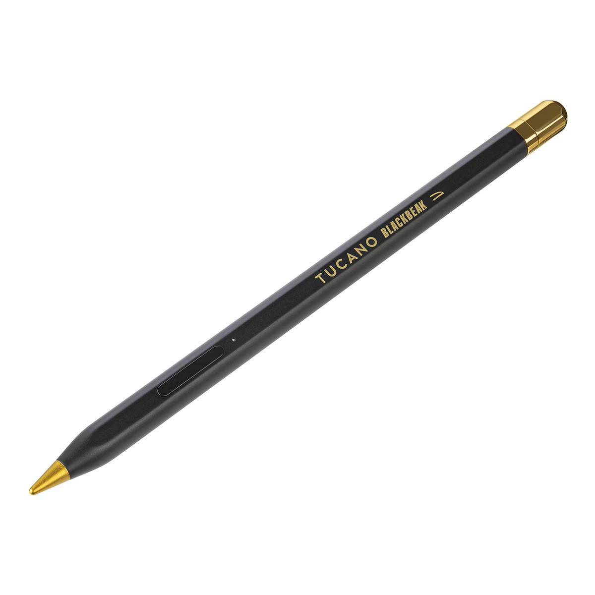 Czarny i złoty długopis, TUCANO BLACKBEAK, widok pod kątem. Złota końcówka i akcent.