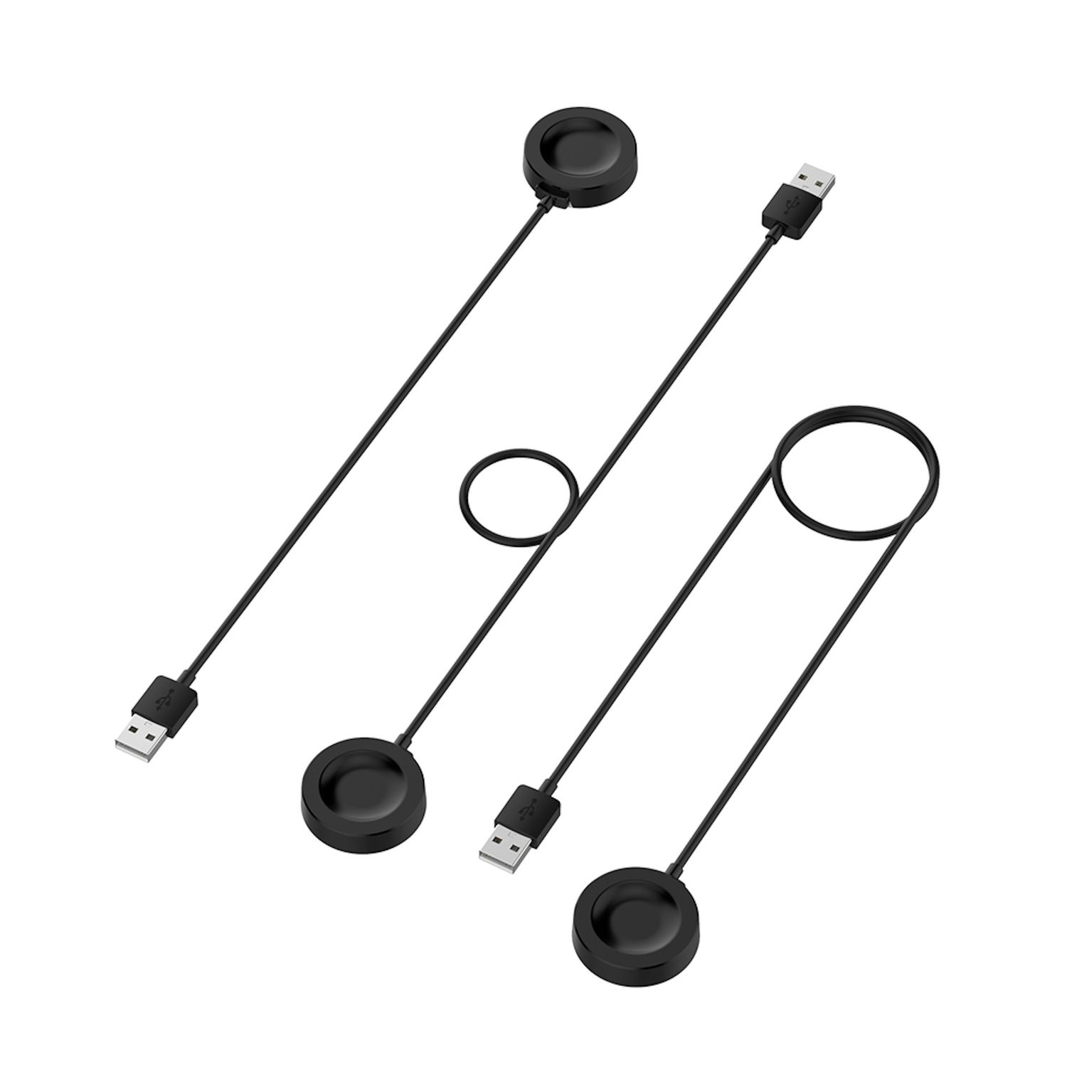 Drei schwarze Uhrenladegeräte mit USB-Anschlüssen. Eines mit Kreis. Isoliert auf weißem Hintergrund.