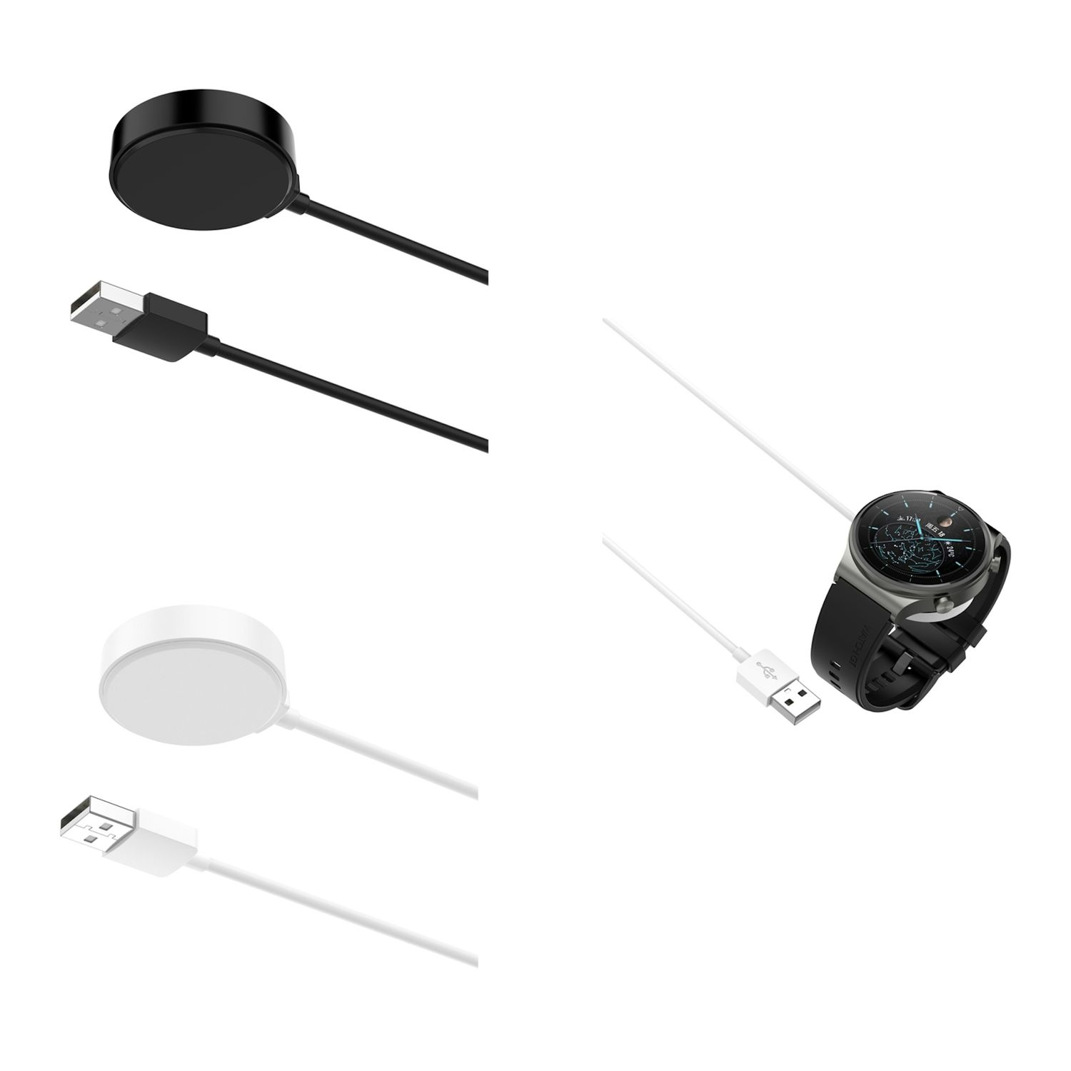 Zwei Smartwatch-Ladegeräte mit USB-Kabeln und eine Smartwatch auf einem weißen Ladegerät, die das Aufladen demonstrieren.