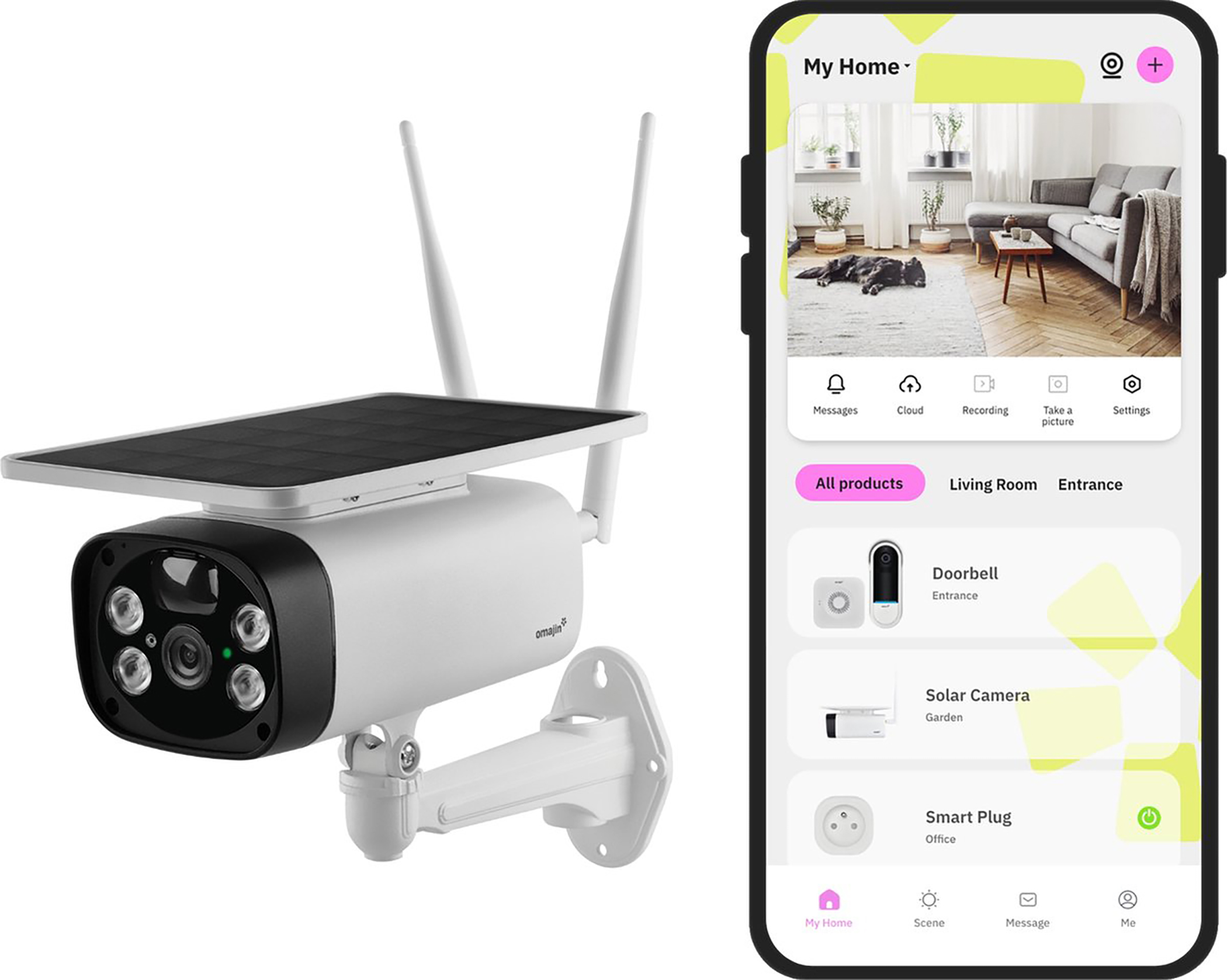 Una cámara de seguridad para el hogar inteligente y la pantalla de la aplicación del teléfono, fondo blanco.