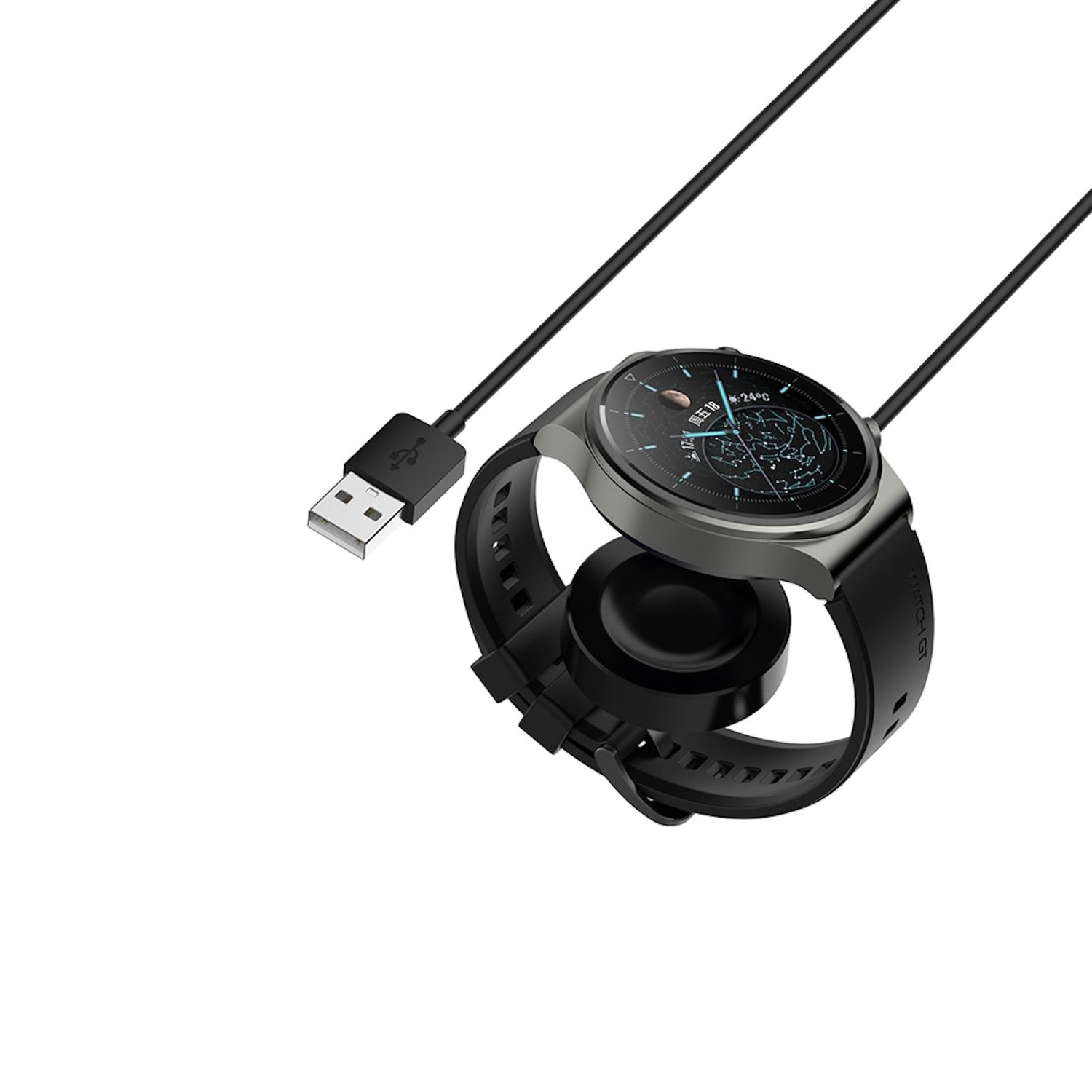 Eine Smartwatch auf ihrer Ladestation und ein USB-Kabel, alles auf einer weißen Oberfläche. Das Zifferblatt ist sichtbar.