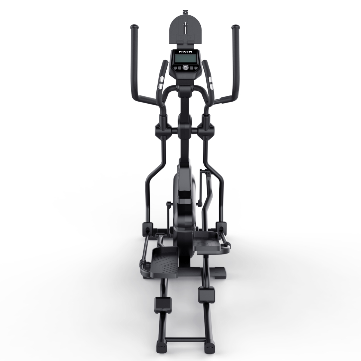 Black elliptical machine with handles and a digital display. It is set against a white backdrop.