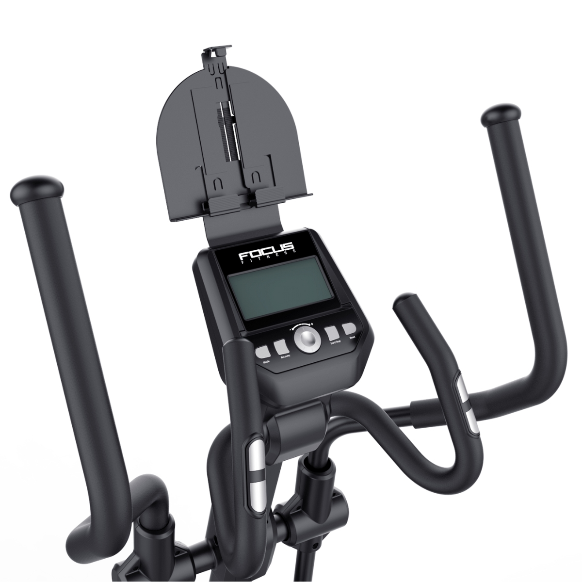 A fitness bike console with a display, buttons and handlebars. Black and silver colors.