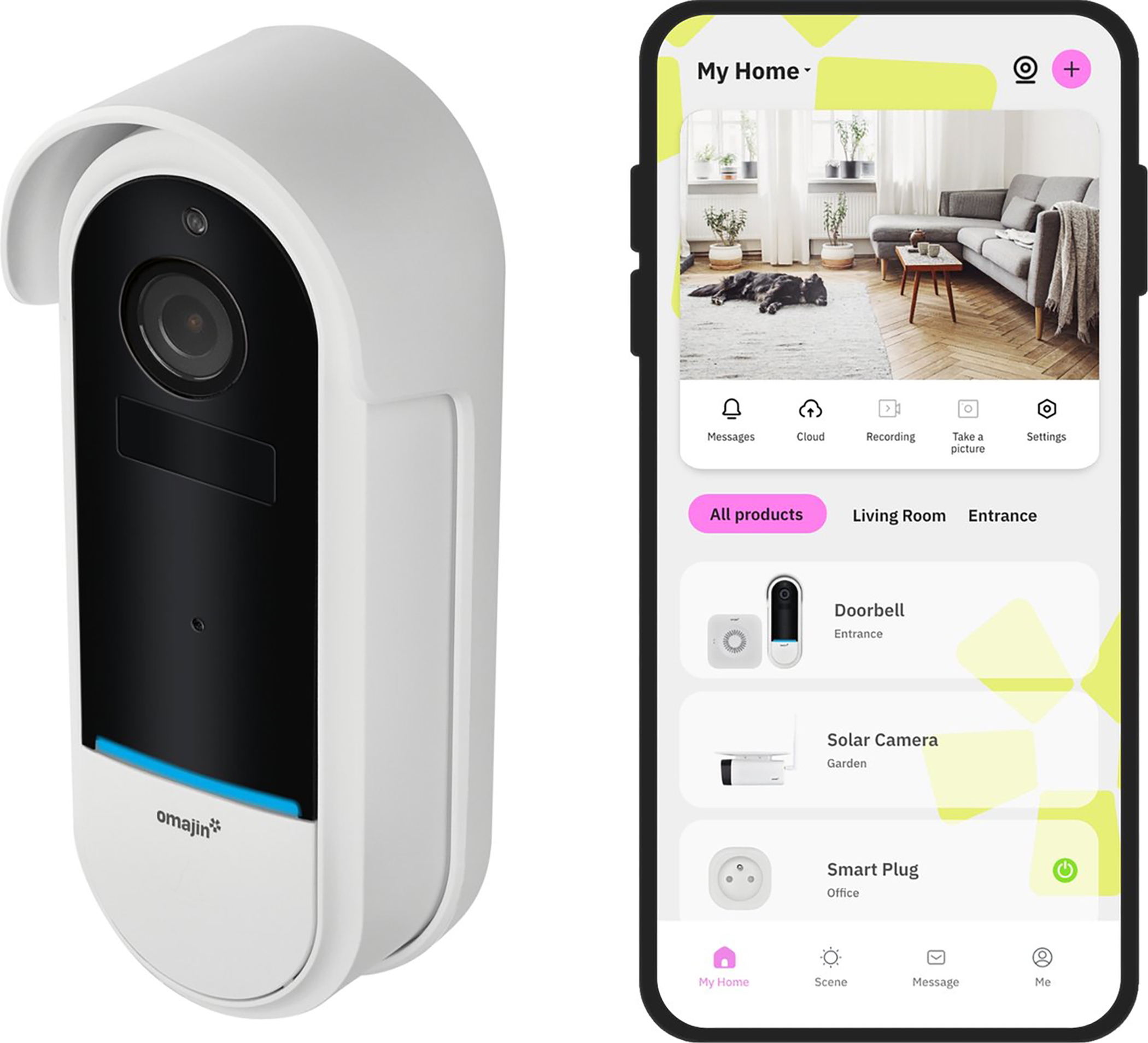 Una telecamera di sicurezza per la casa intelligente bianca e uno schermo di smartphone che mostra un'app per la casa intelligente.
