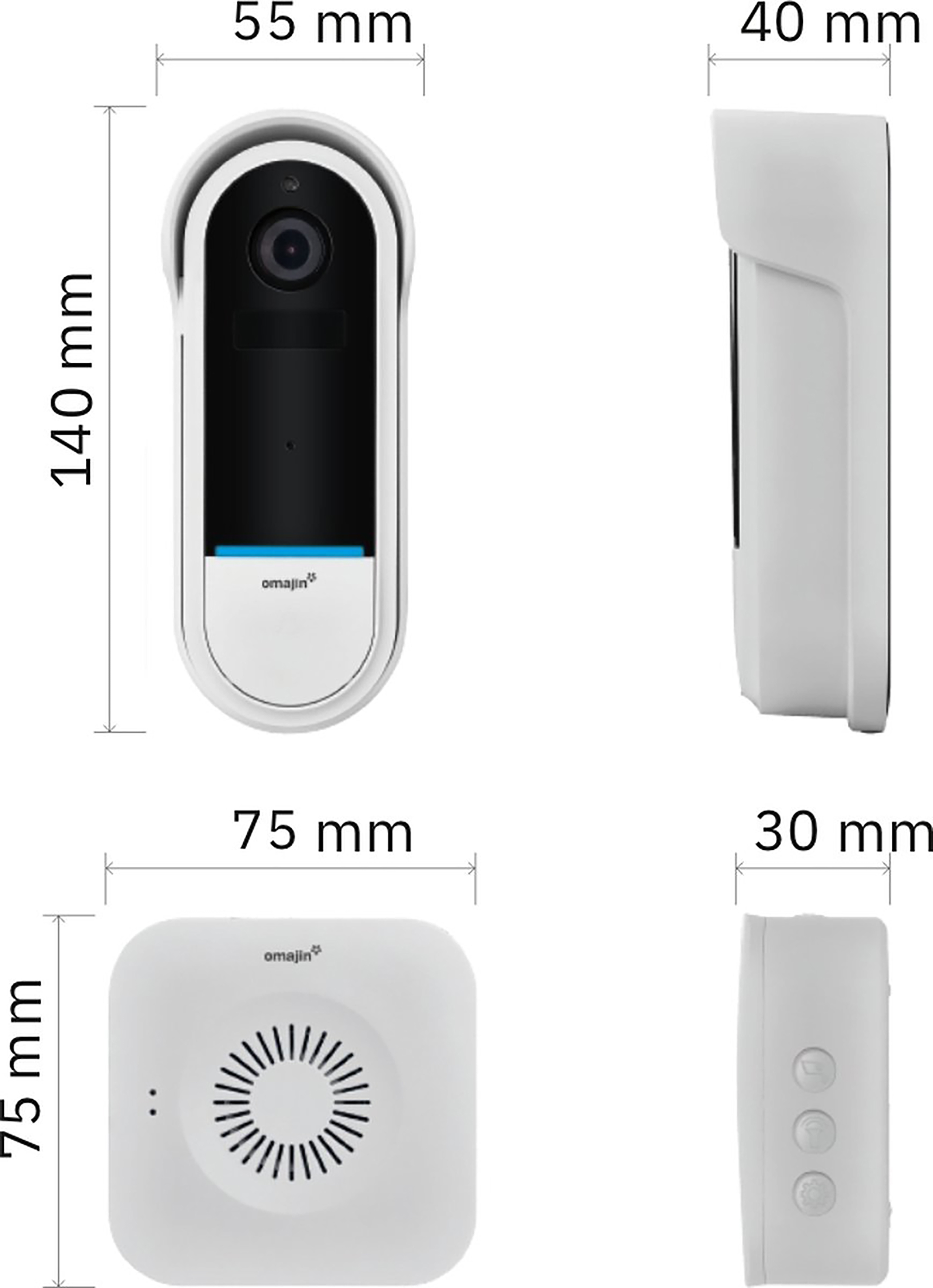 Telecamera di sicurezza bianca con dimensioni: 140 mm altezza, 55 mm larghezza, 40 mm profondità.