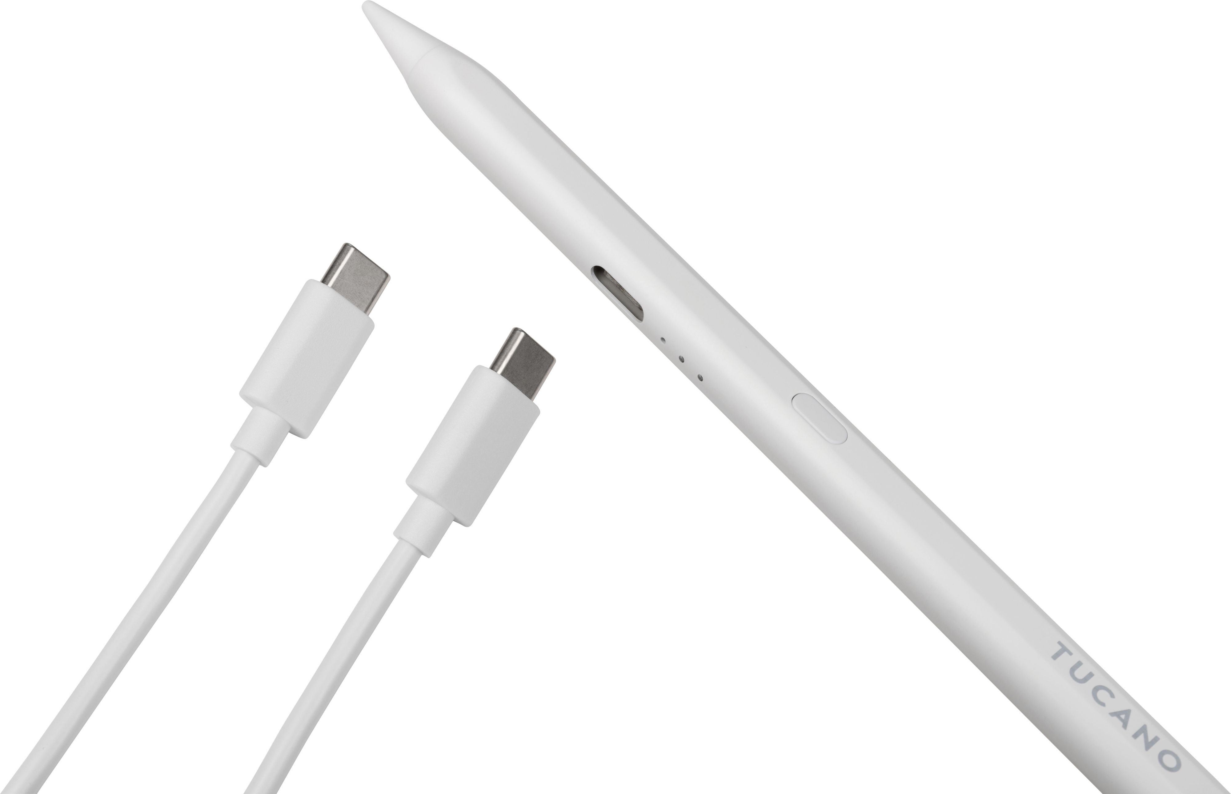 Biały rysik Tucano z dwoma białymi kablami USB-C.