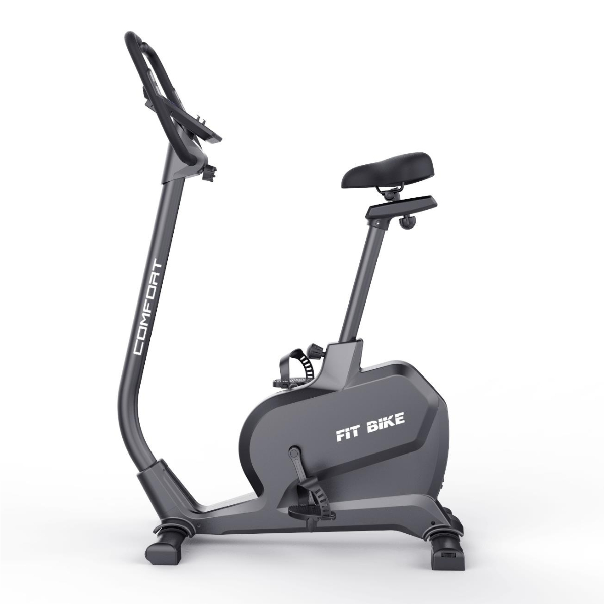 Grijze hometrainer op een witte achtergrond. Fit Bike branding is zichtbaar.
