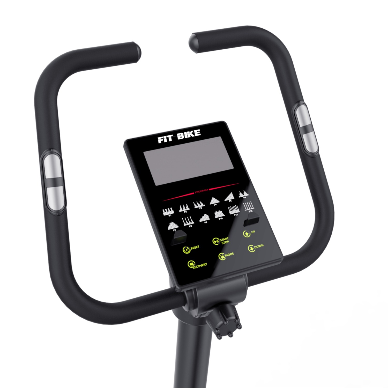 Close-up van het digitale display van een zwarte Fit Bike hometrainer met handvatten.