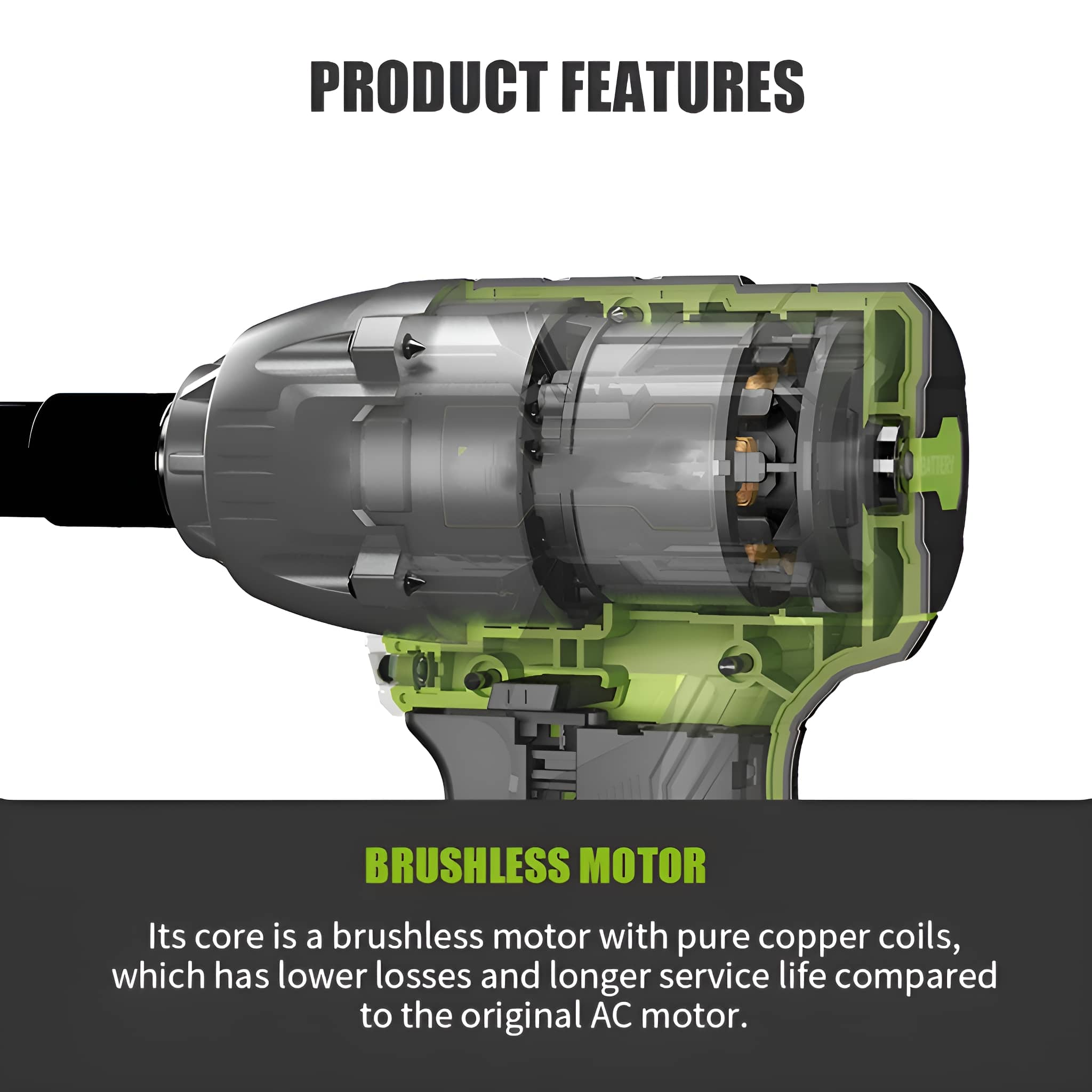 Die inneren Komponenten des Schlagschraubers sind sichtbar. Text: 'BRUSHLESS MOTOR' und seine Vorteile.