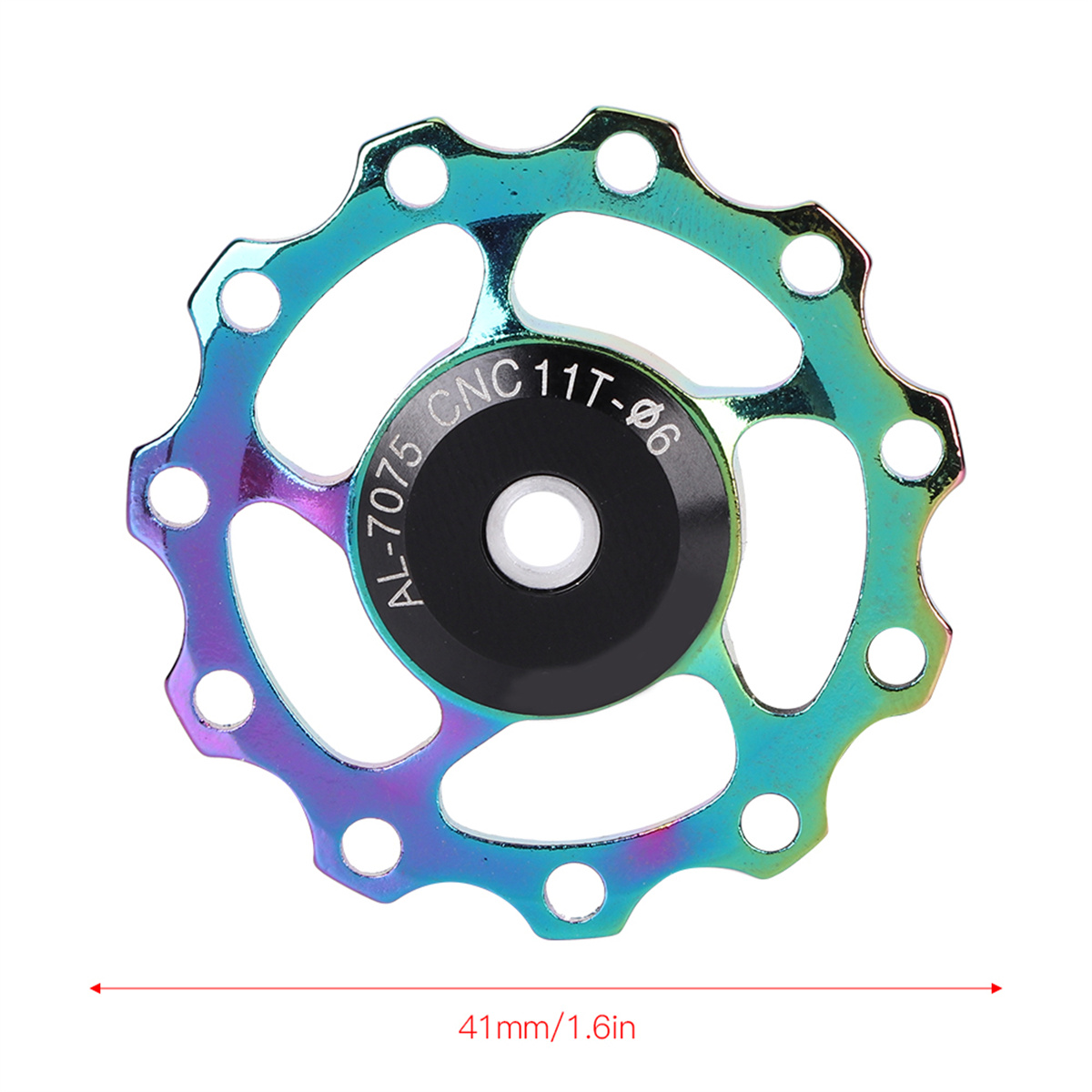Mehrfarbiges Fahrrad-Schaltwerk-Ritzel mit schwarzem Zentrum. Größe ist als 41 mm/1,6 Zoll angegeben.