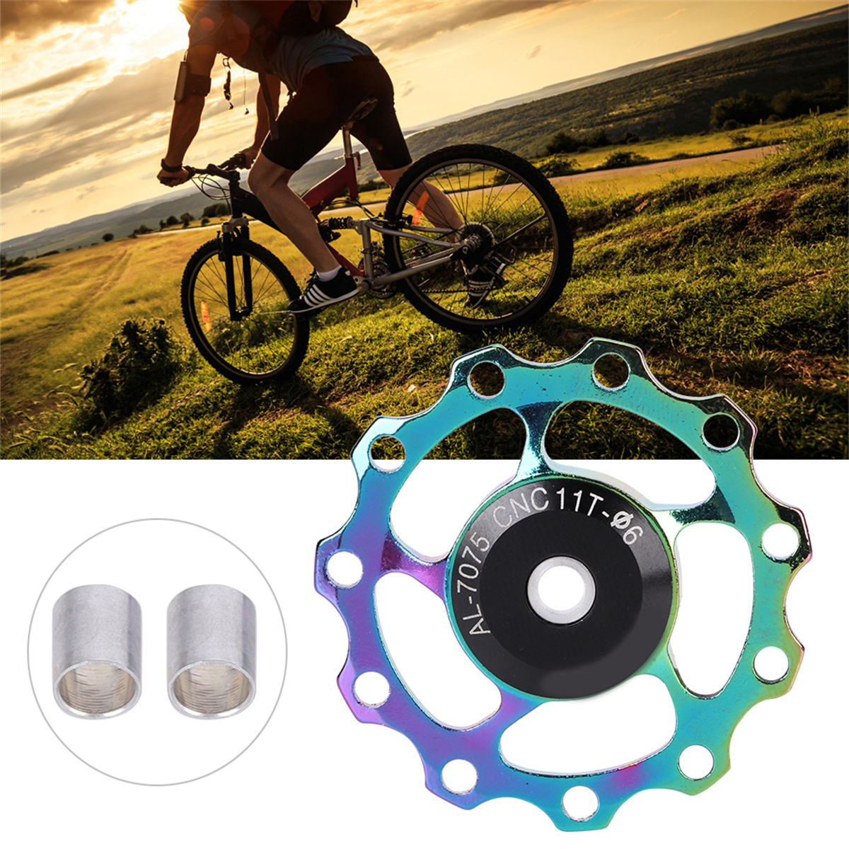 Fahrradgetriebekomponente mit bunten Details und zwei silbernen Metallzylindern.