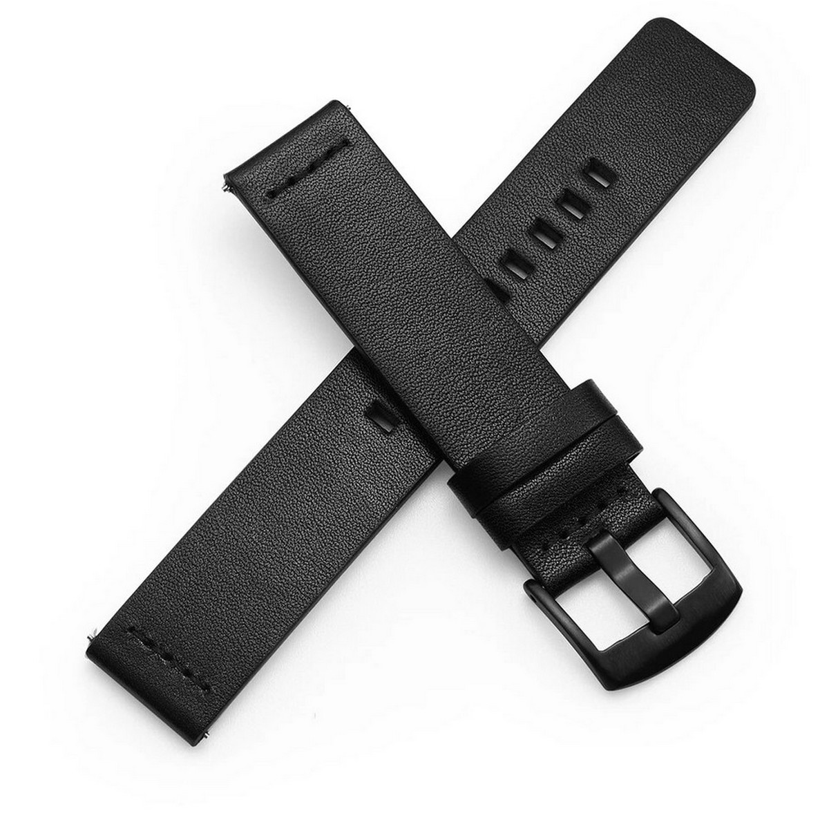 Schwarze Leder-Armbänder, gekreuzt auf weißem Grund, mit schwarzer Schnalle und Löchern.