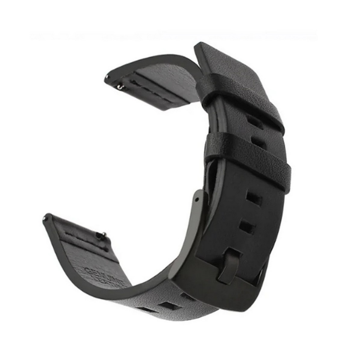 Schwarzes Lederarmband. Es hat eine Schnalle und ist gebogen, um das Handgelenk zu passen. Das Armband ist teilweise geöffnet.