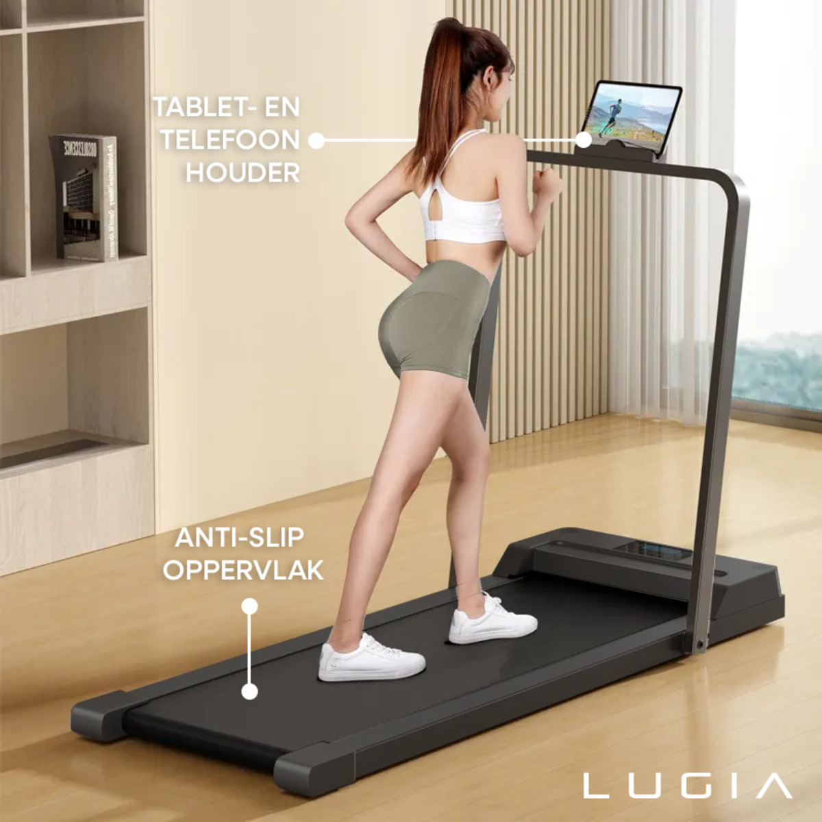 Eine Frau, die auf einem Laufband mit Tablethalterung läuft. Produktetiketten und Text werden angezeigt.