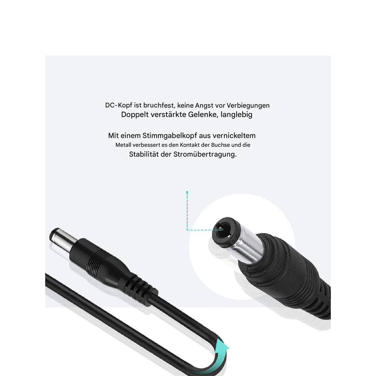 Nahaufnahme eines schwarzen Netzteils mit Stecker. Text beschreibt die Produktmerkmale.