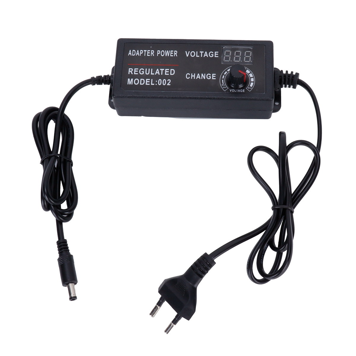 Schwarzer Adapter mit digitaler Spannungsanzeige, zwei schwarzen Kabeln und einem Netzstecker.