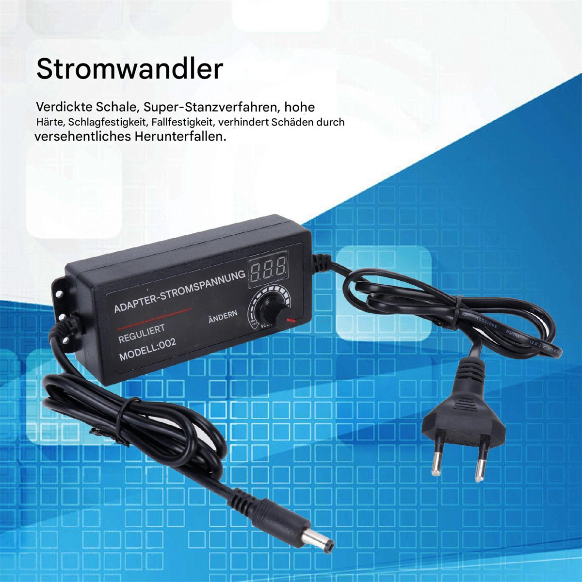 Ein schwarzer Netzadapter mit Stecker und Kabeln. Text sagt 'ADAPTER-STROMSPANNUNG' und 'MODELL-002'. Ein Digitaldisplay ist sichtbar.