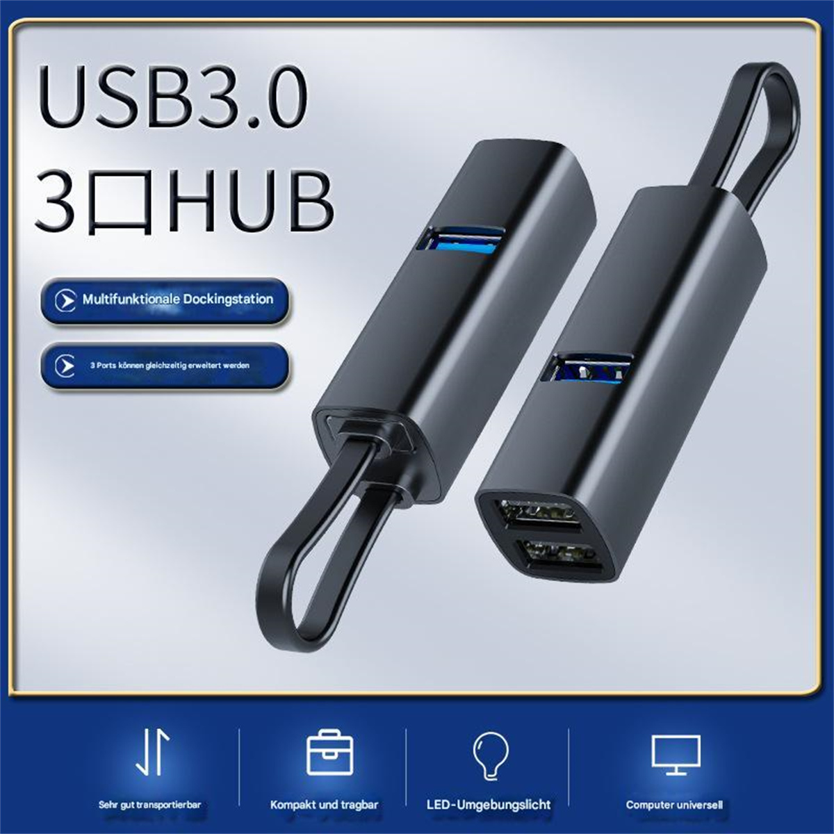 Schwarzer USB-Hub mit zwei USB-Anschlüssen und Symbolen, mit Text und blauen Highlights.