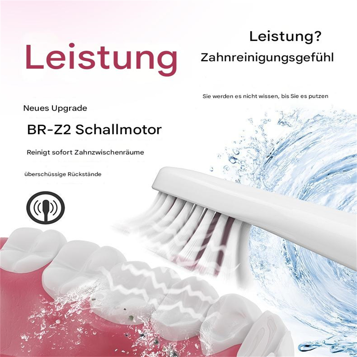 Eine Zahnbürste, die Zähne putzt. Es spritzt Wasser herum und Text im Hintergrund.