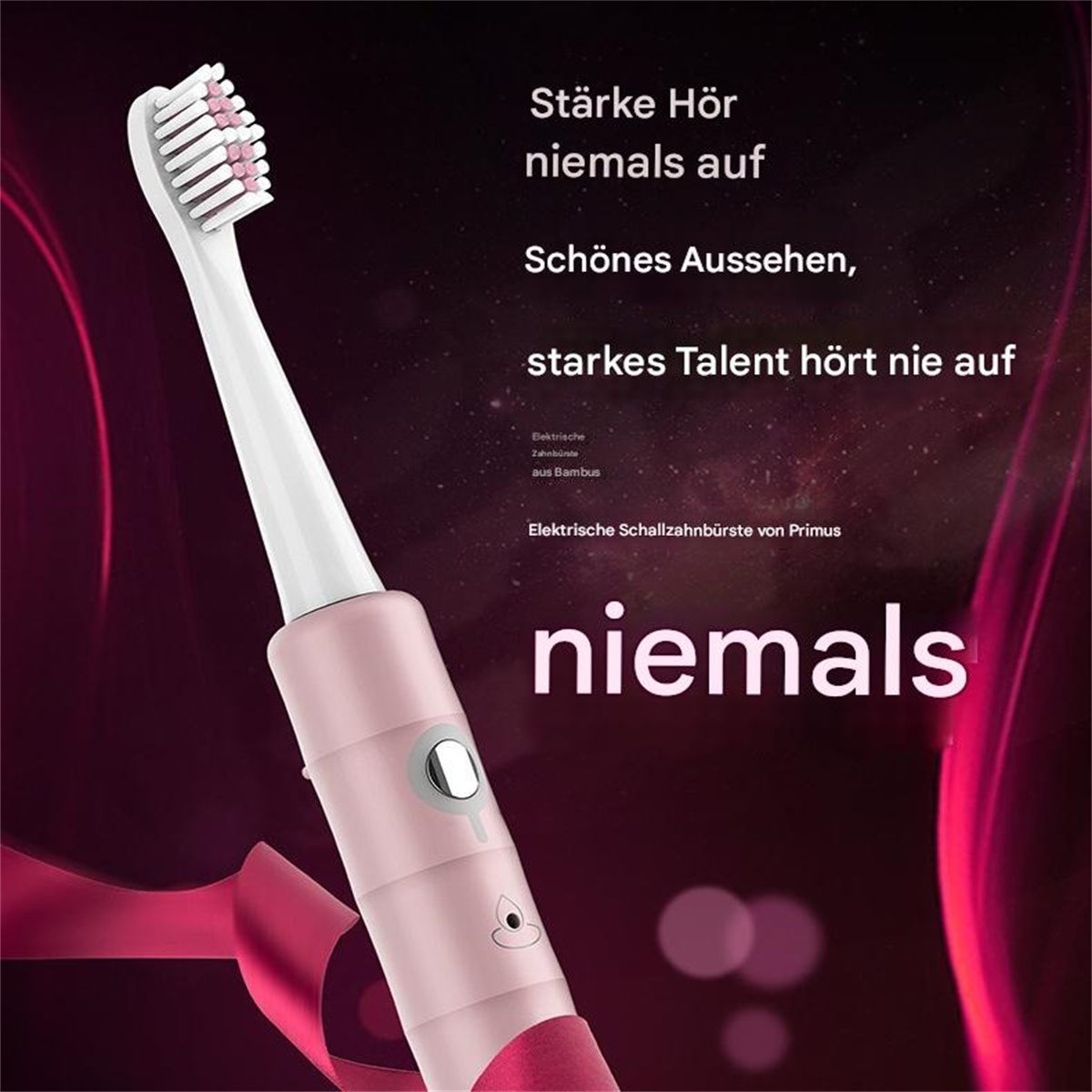 Rosa-weiße elektrische Zahnbürste mit deutschem Text vor unscharfem Hintergrund.