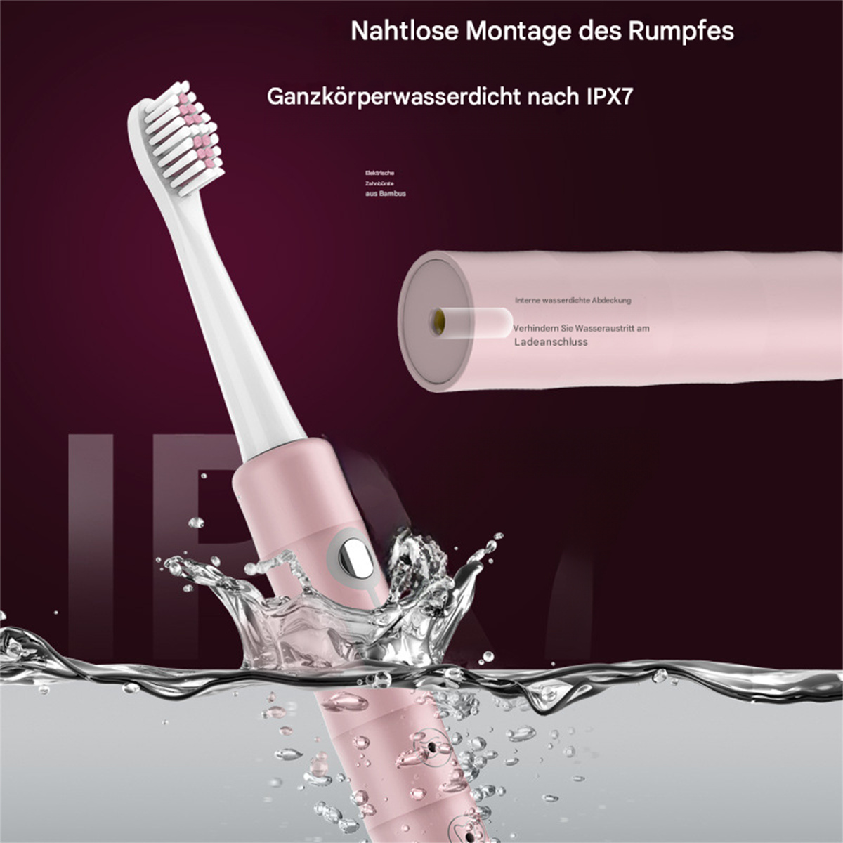 Rosa elektrische Zahnbürste mit weißen Borsten im Wasserspritzer. Text auf Deutsch.