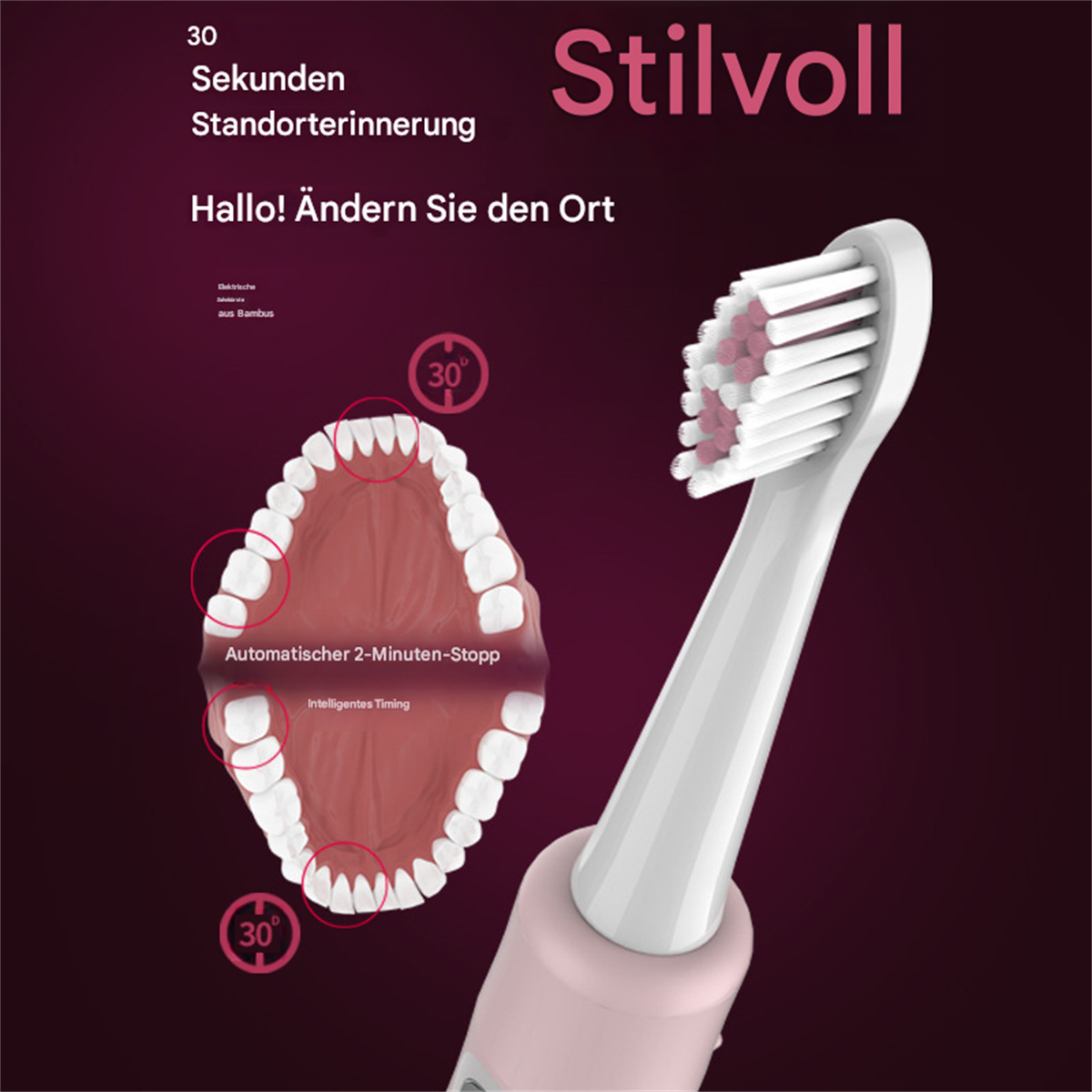 Eine elektrische Zahnbürste mit Text und einer Zahn-Darstellung. Die Zahnbürste ist rosa und weiß.