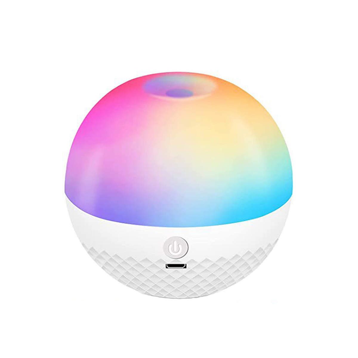 Eine weiß-bunte kugelförmige Lampe. Sie hat einen Power-Knopf und einen geriffelten unteren Bereich.