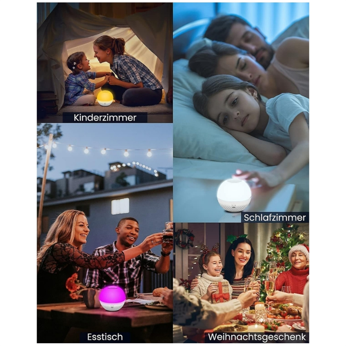 Collage von Szenen mit einer leuchtenden Lampe. Szenen umfassen ein Kind, Paare und eine Familie zu Weihnachten.