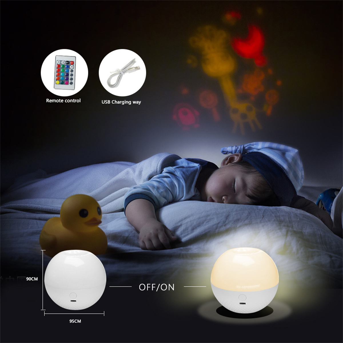 Ein schlafendes Kind mit einem Nachtlicht. Eine Gummiente und ein leuchtender Ball sind im Vordergrund. Eine Projektion an der Wand.
