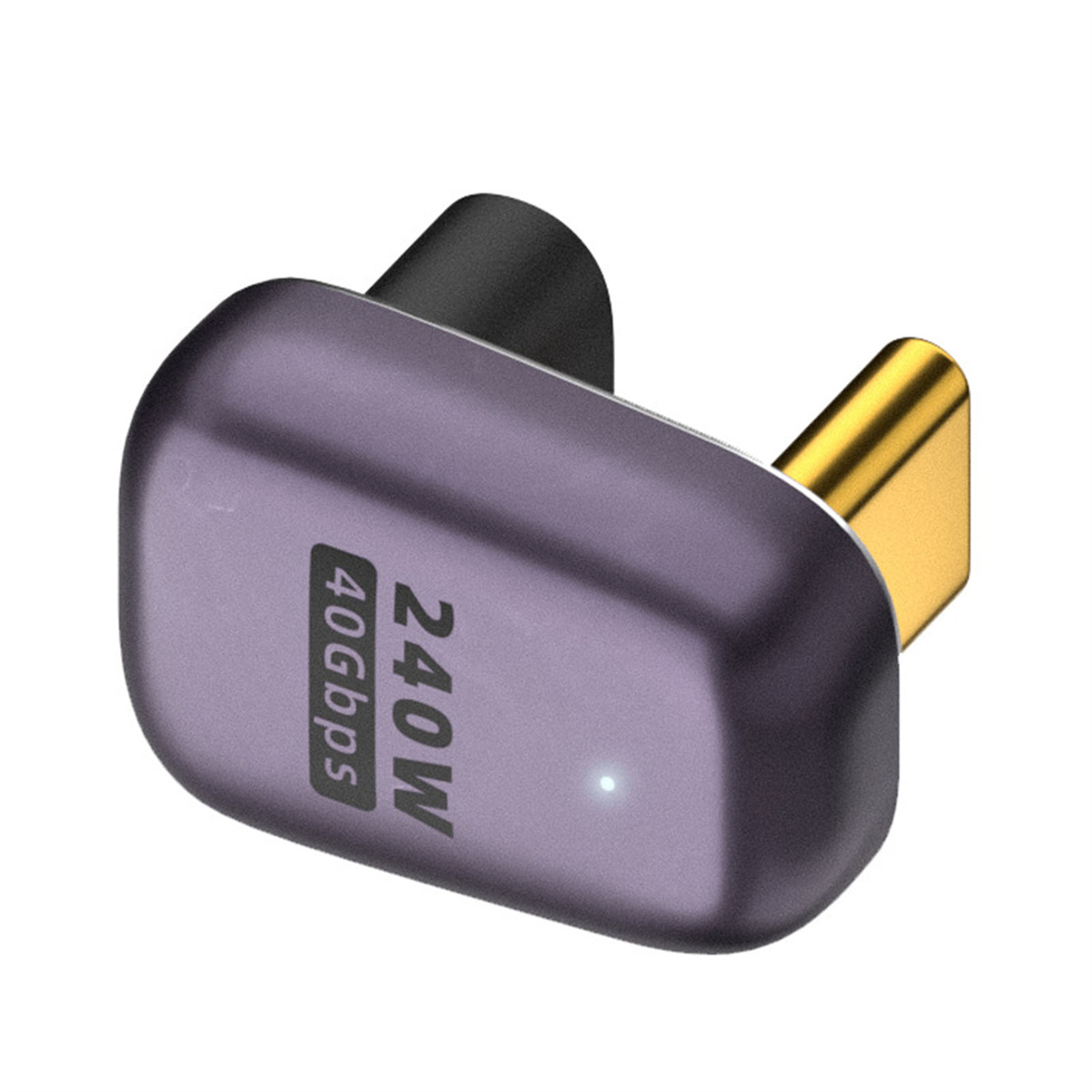 Lila Gerät mit goldfarbenem Stecker. Beschriftet mit 240W und 40 Gbit/s.