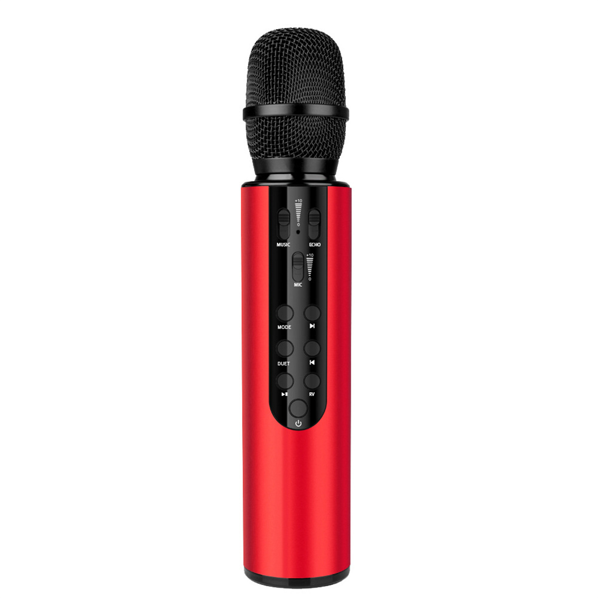 Ein rotes Mikrofon mit schwarzem Netz. Das Mikrofon ist lang und hat Knöpfe und Einstellungen.