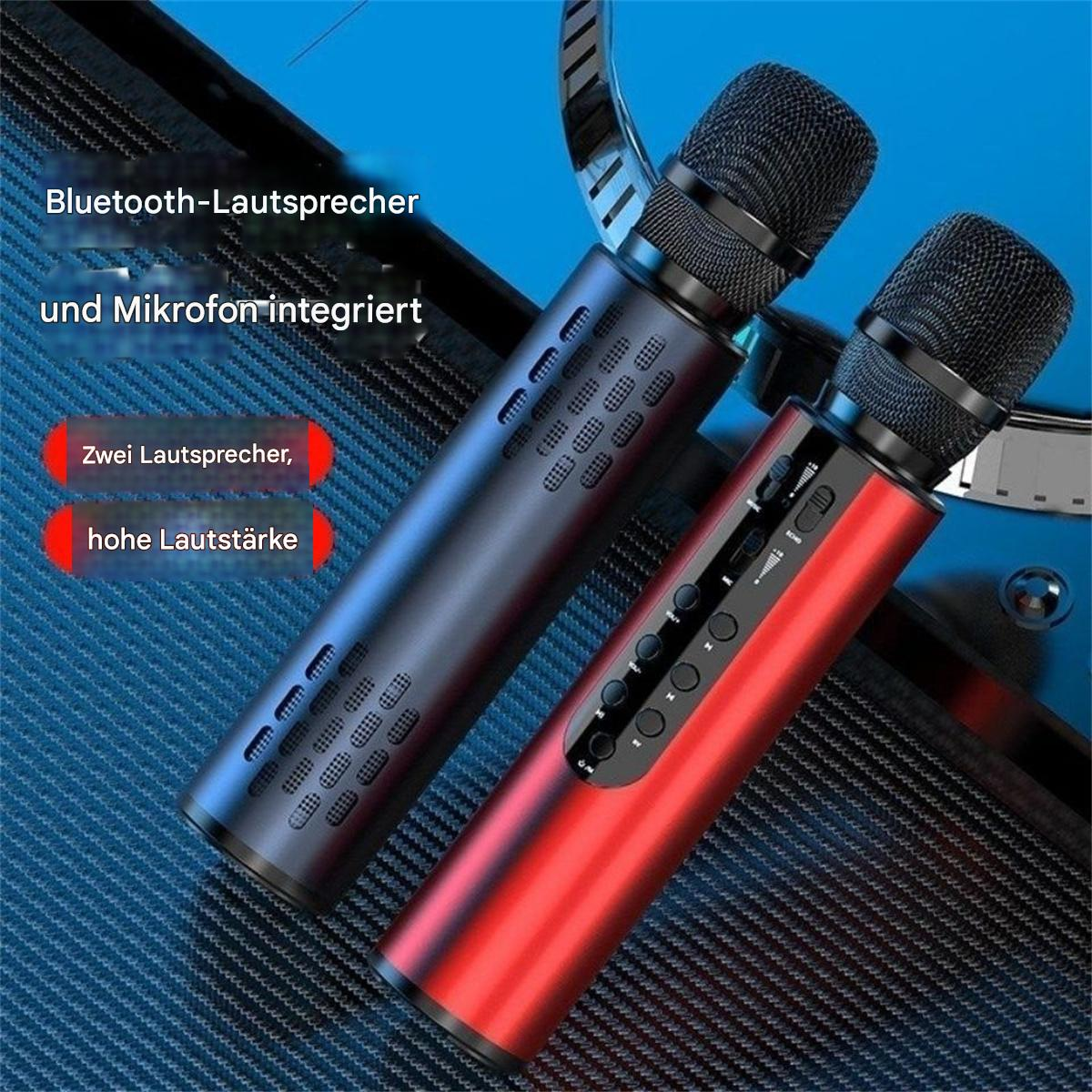 Zwei Mikrofone mit Text über Bluetooth-Lautsprecher und integriertem Mikrofon.
