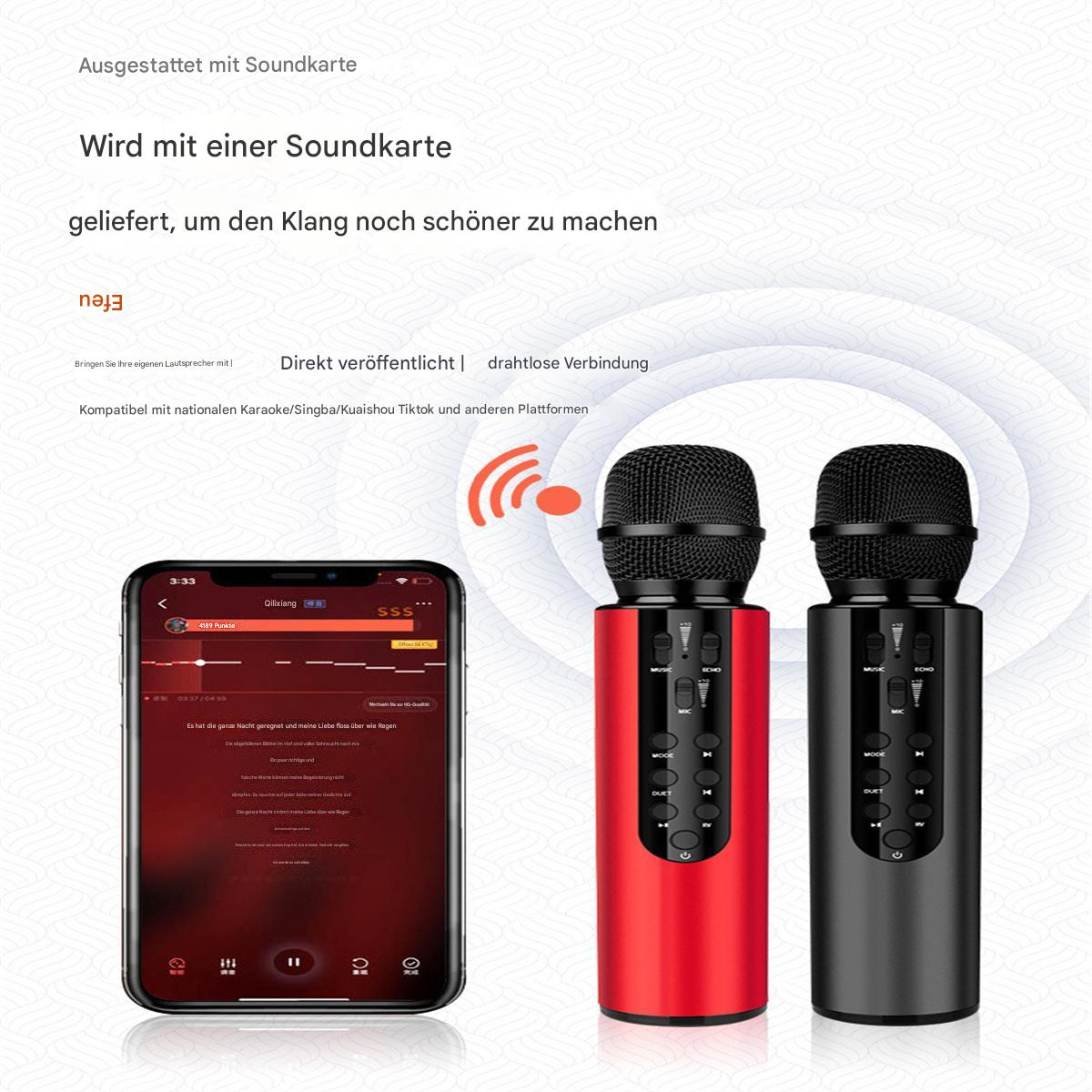 Zwei schwarze Mikrofone, ein Smartphone mit App-Oberfläche. Text auf Chinesisch und Englisch.