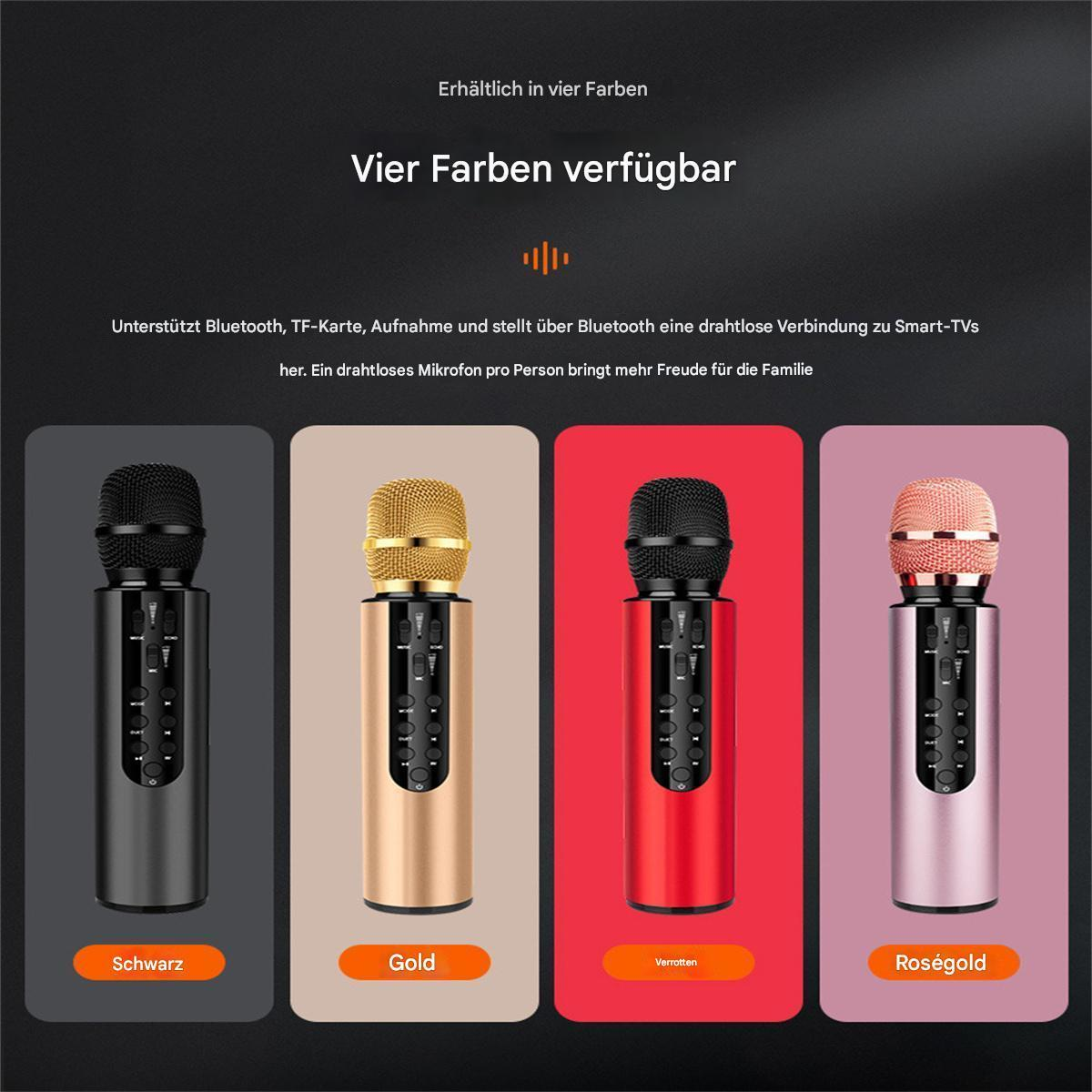 Vier Mikrofone in verschiedenen Farben: Schwarz, Gold, Rot und Roségold. Text auf Deutsch. Dunkler Hintergrund.