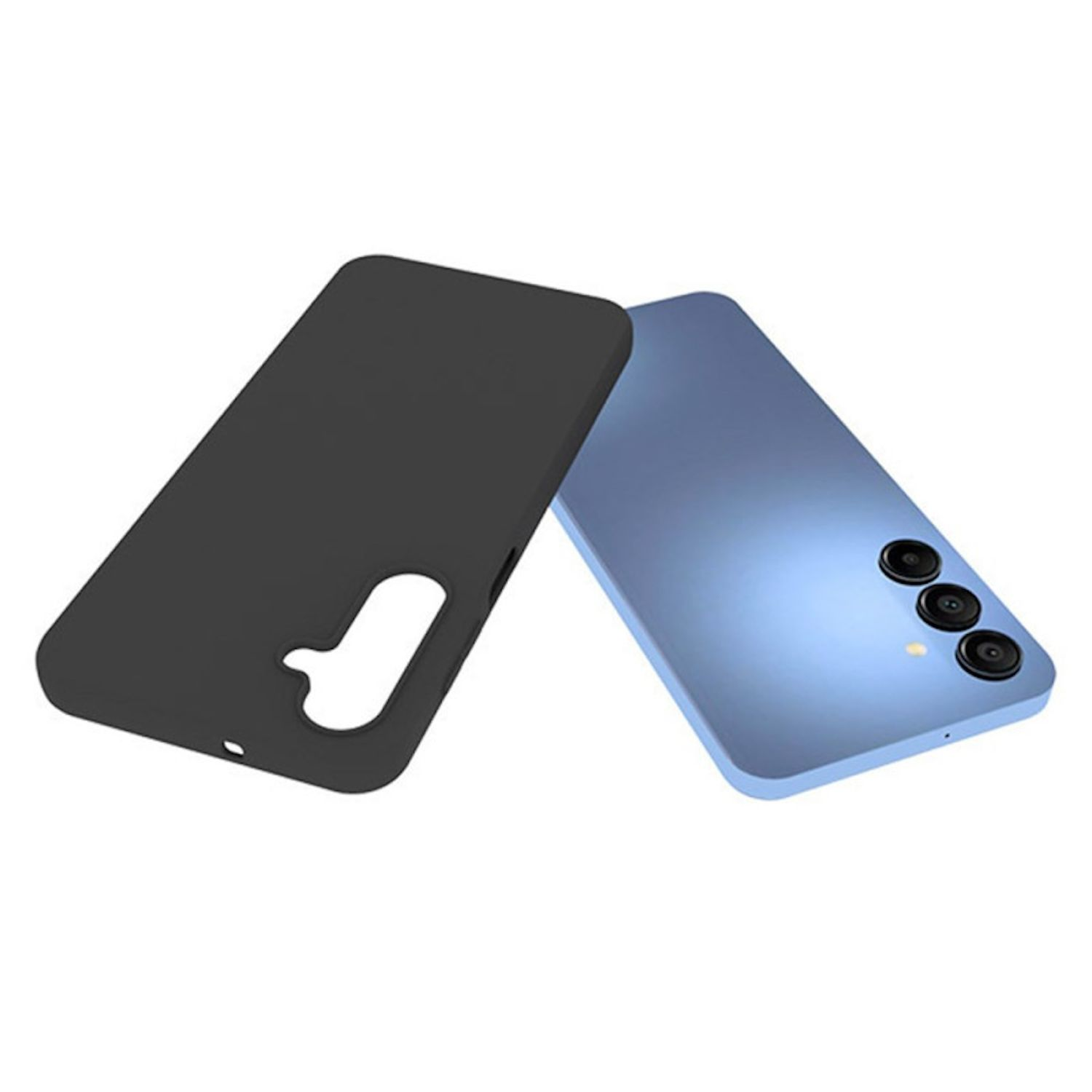 Eine schwarze Handyhülle neben einem blauen Telefon mit drei Kameralinsen.