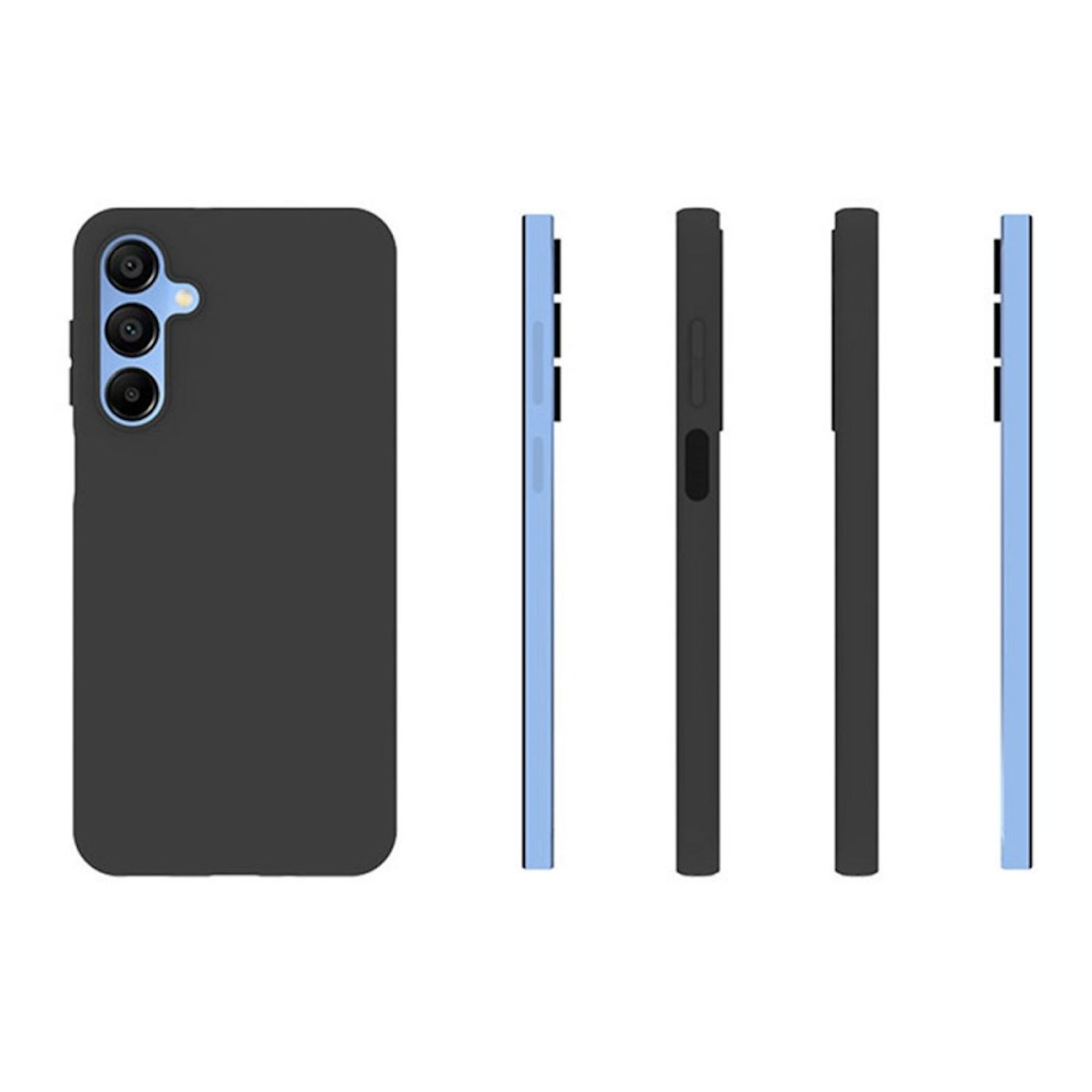 Eine schwarze Handyhülle mit Kamera und hellblauen Seiten. Eine Seitenansicht der Hülle.