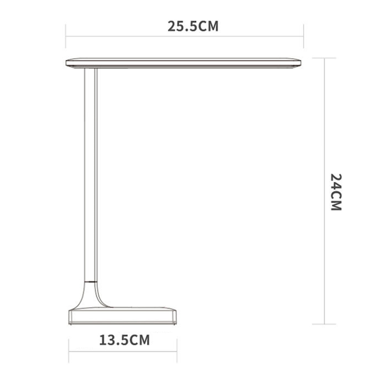 Diagramm einer Schreibtischlampe mit Abmessungen. Rechteckiger Kopf und vertikaler Ständer.