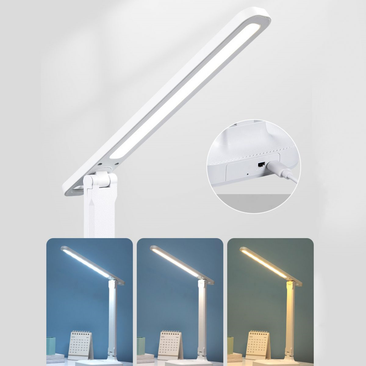 Eine weiße Schreibtischlampe mit einstellbaren Lichteinstellungen und drei verschiedenen Lichtszenen.