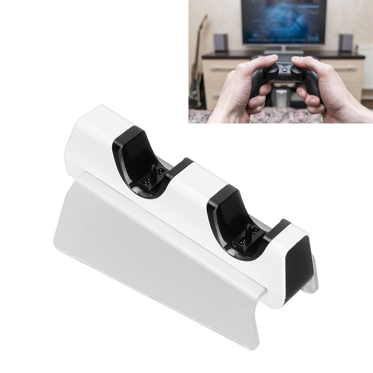 Ein weißer Ladeständer mit einem Controller darauf. Das obere Bild zeigt eine Person mit Controller.