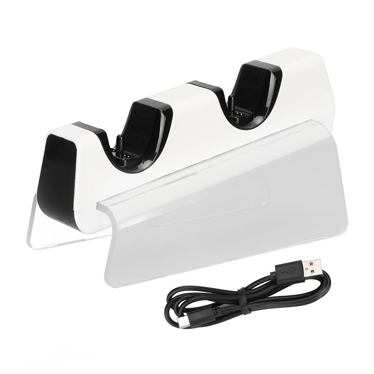 Weißes und schwarzes Ladegerät mit USB-Kabel. Zwei Ladeschlitze sind sichtbar.