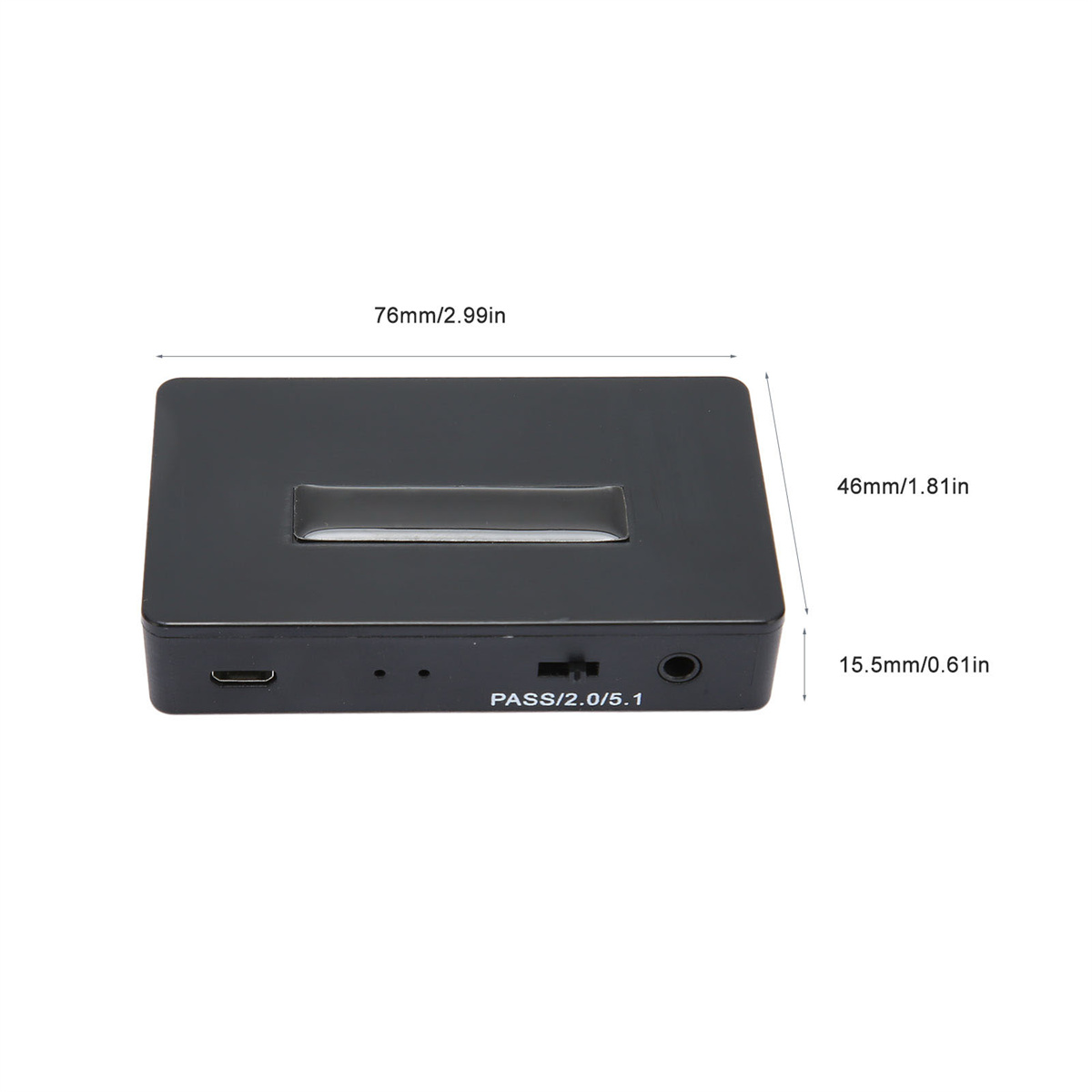 Schwarzes rechteckiges Gerät mit Anschlüssen und Abmessungen in mm und Zoll. Das Gerät hat einen USB-Anschluss.