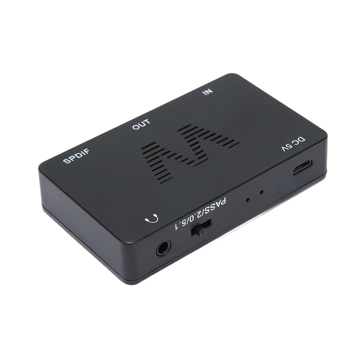 Schwarzer Audio-Konverter mit mehreren Anschlüssen. Es hat die Aufschriften 'OUT', 'IN', 'SPDIF' und 'DC 5V'.