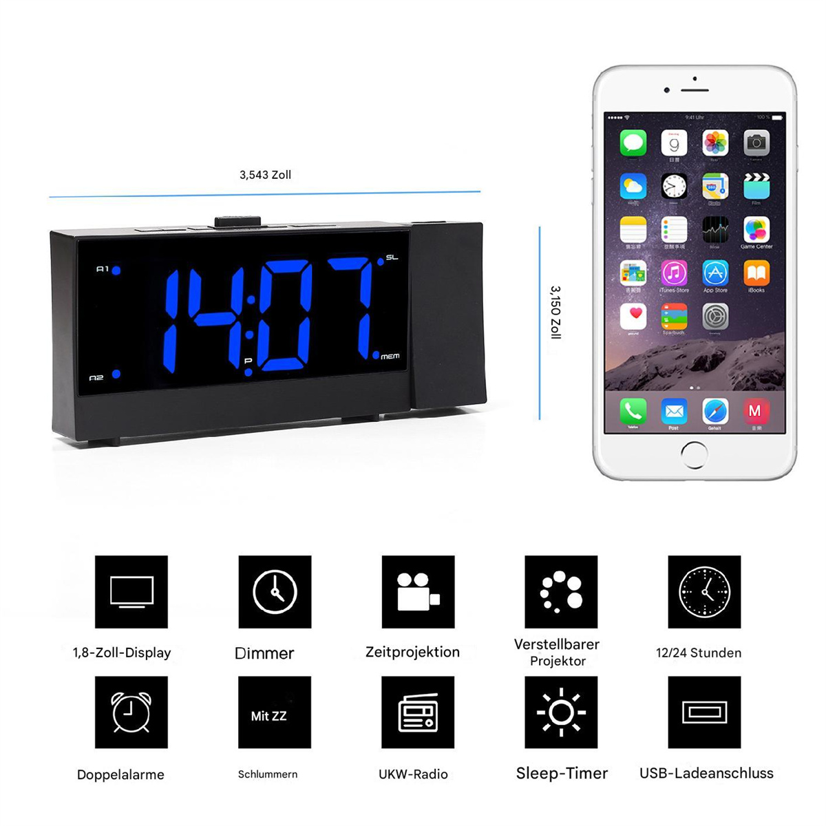 Schwarzer digitaler Wecker mit der Zeit 14:07 und ein weißes iPhone mit der Zeit.