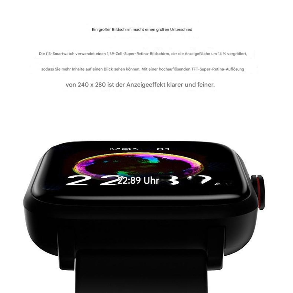 Eine schwarze Smartwatch, die die Uhrzeit anzeigt. Die Uhr zeigt die Uhrzeit 22:89 mit einem schwarzen Armband.