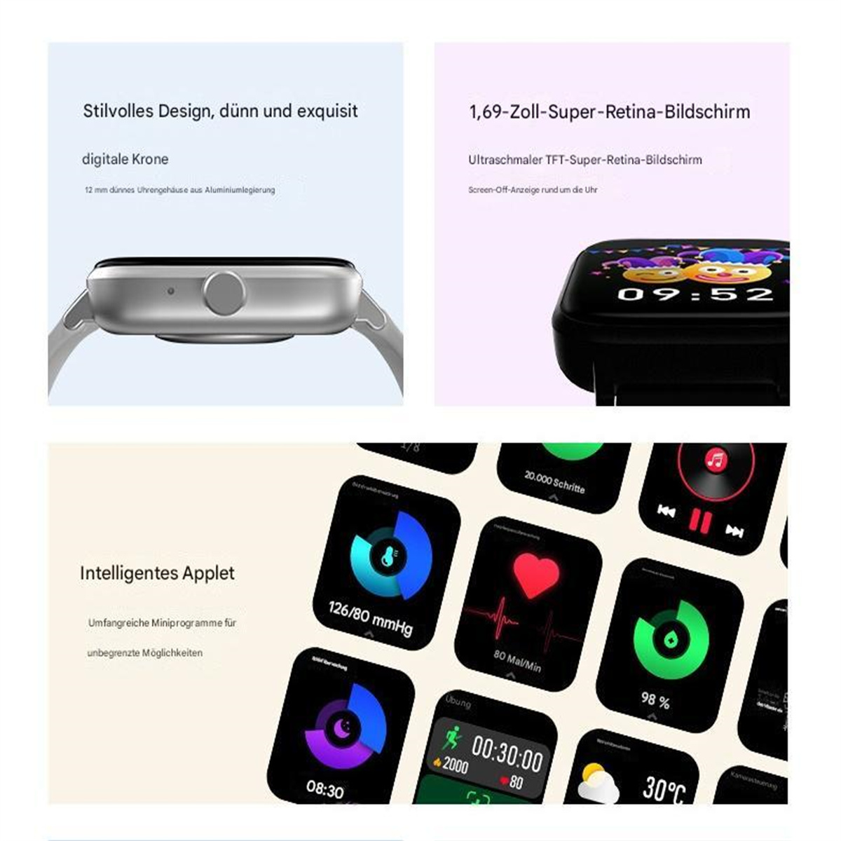 Smartwatch mit Bildschirm, der Gesundheitsdaten und Schnittstellengrafiken anzeigt.